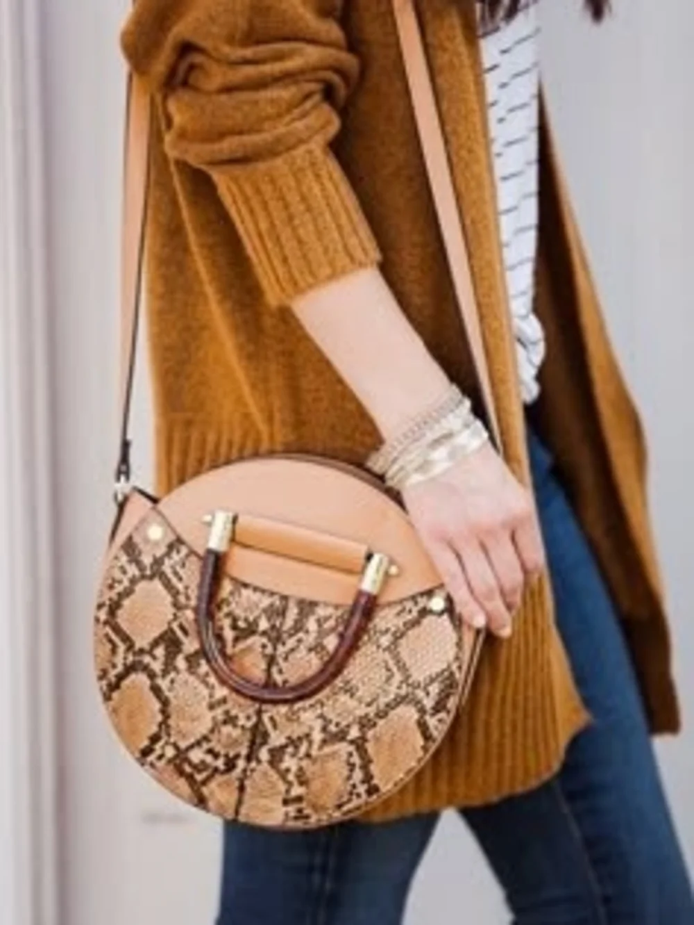 Topshop Snake-Print Round Crossbody Bag in Tan and Brown
